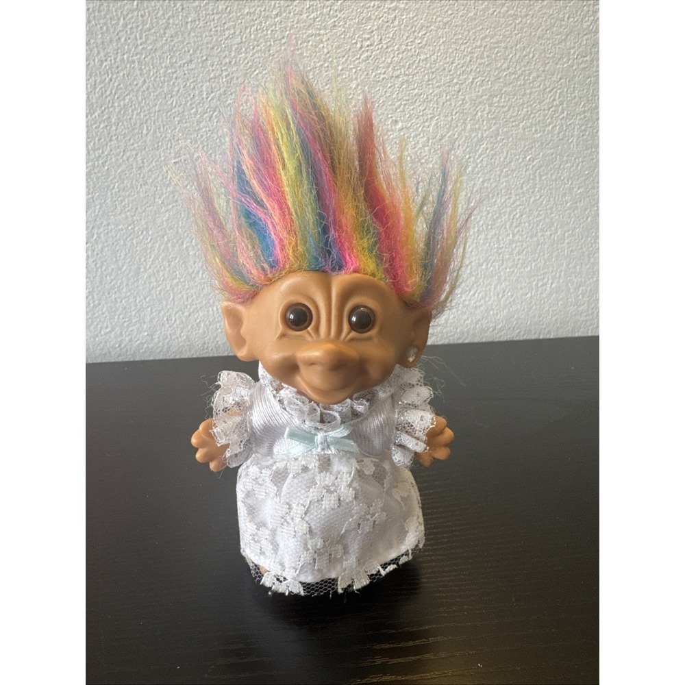 Bright Of America Troll Doll Figure with Rainbow Hair Heart Earring White Dress‎
